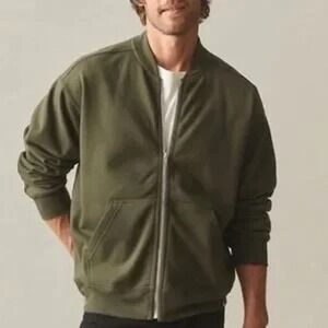 American Giant Bomber Jacket Mens Small Green Logo Fleece Lined Cotton Full Zip